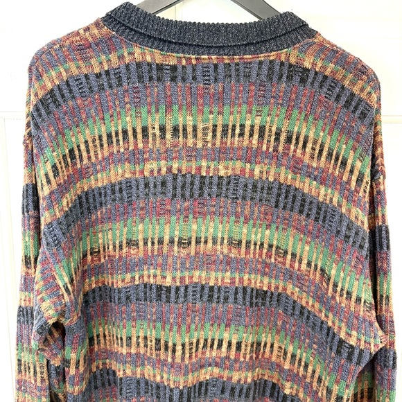 Vintage TSR Grandpa Sweater Eclectic Brown Green Collared Geometric Knit USA 80s - Picture 6 of 12